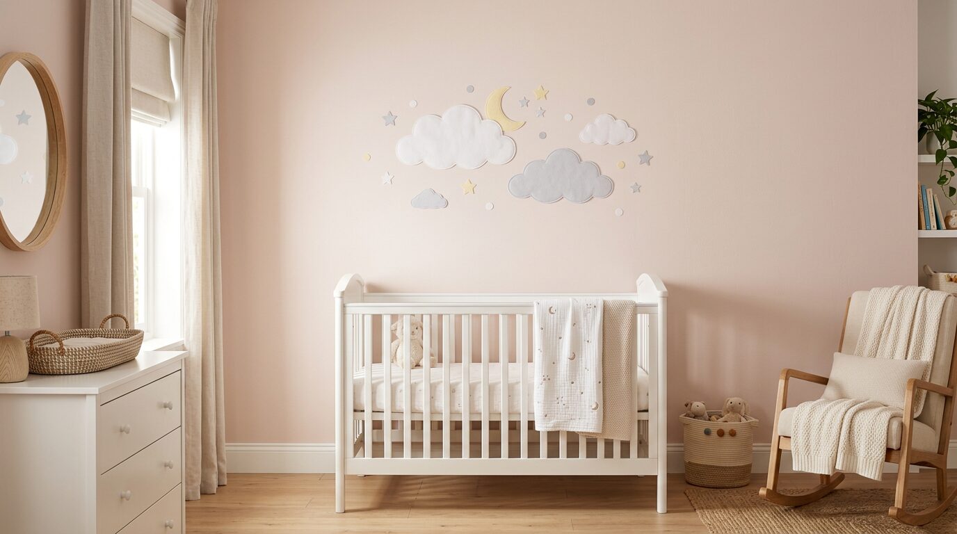 Stickers nuages pastel chambre bébé Nuages et étoiles pastel en stickers muraux au-dessus d'un lit de bébé