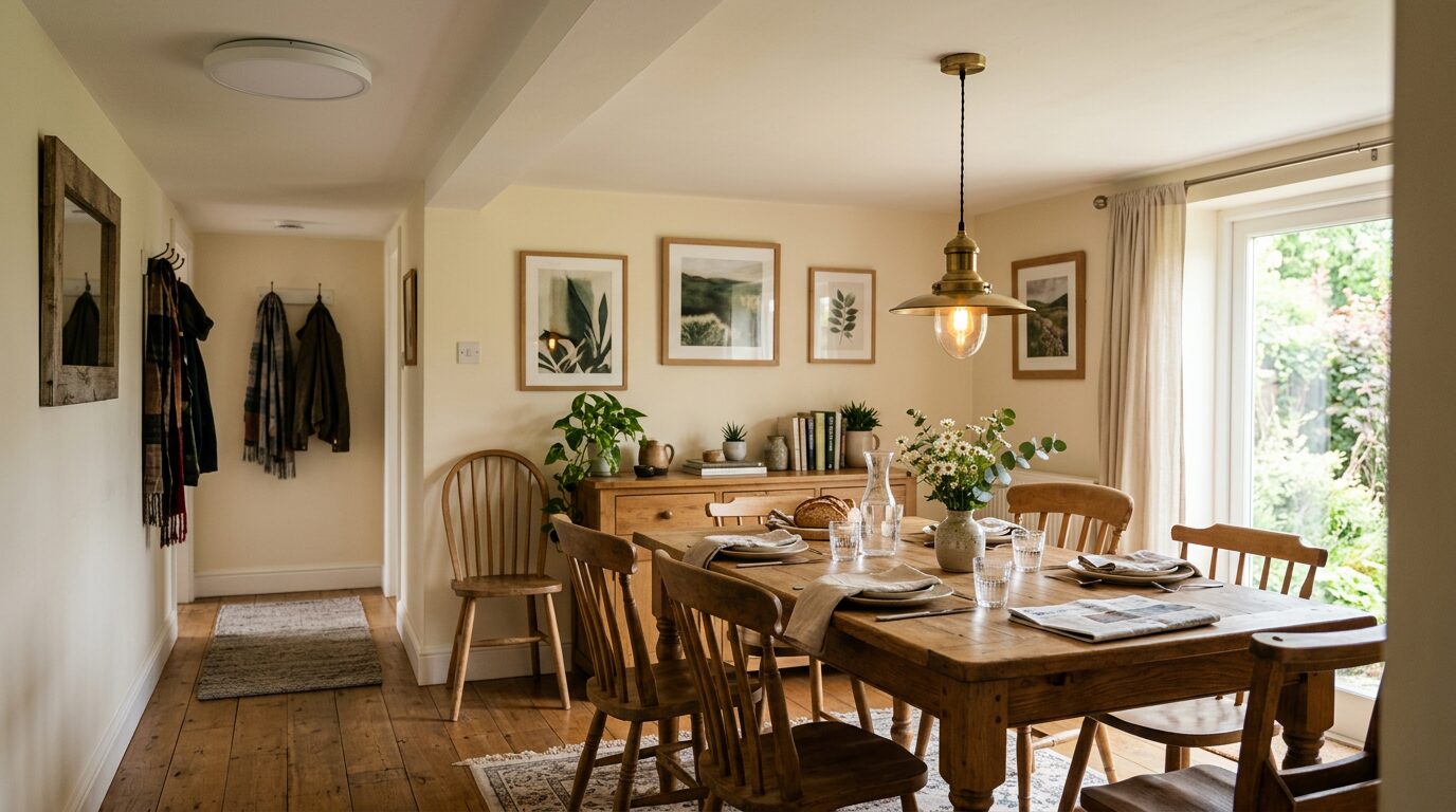 Plafonnier plat et suspension comparés Plafonnier plat fixé au plafond et suspension au-dessus d'une table de salle à manger