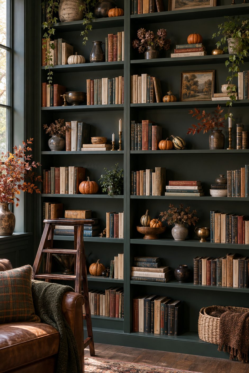 Bibliothèque entière mise en scène avec courges pour l'automne