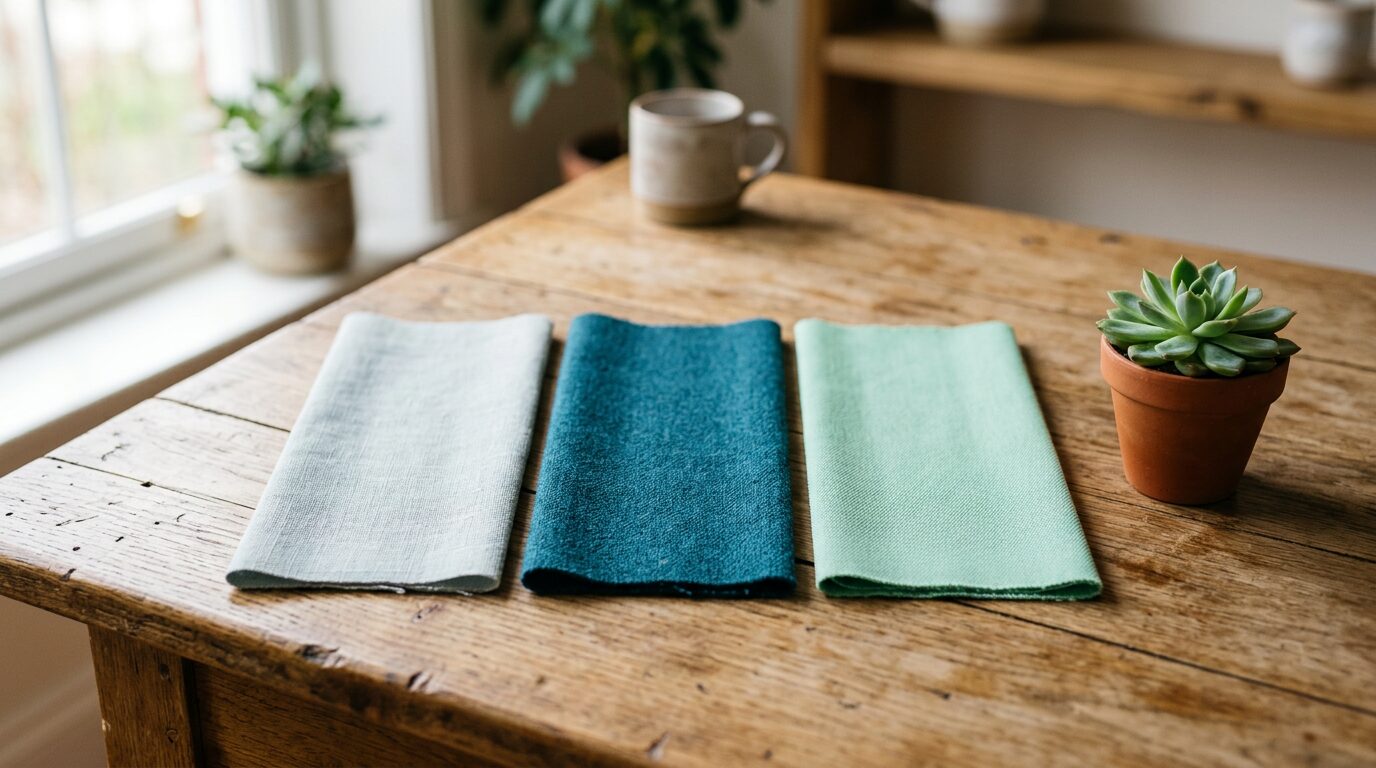 Comparer céladon, bleu canard et menthe Trois échantillons de tissu céladon, bleu canard et menthe posés côte à côte