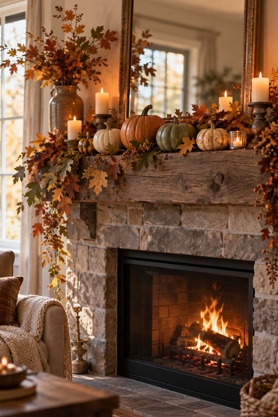 Manteau de cheminée décoré de courges, d'une guirlande de feuilles d'automne et de bougies