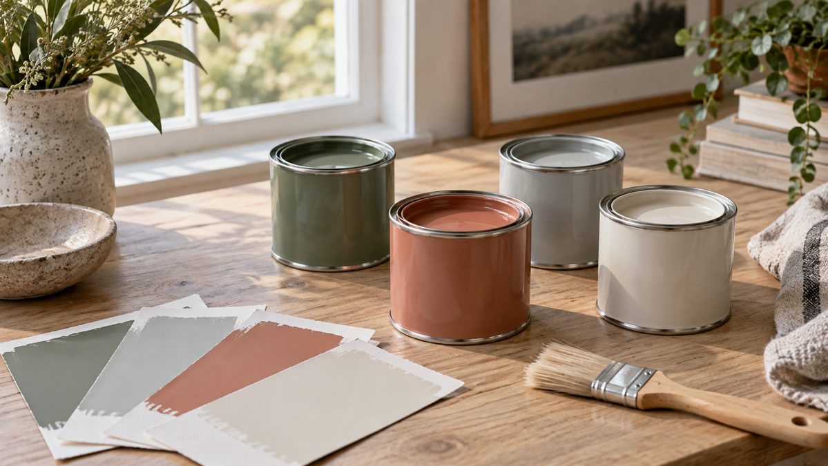 Pots de peinture ouverts avec échantillons de teintes douces pour meuble