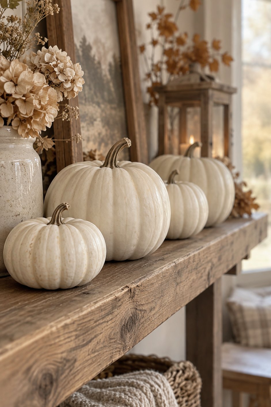 Étagères décorées de citrouilles blanches de tailles variées