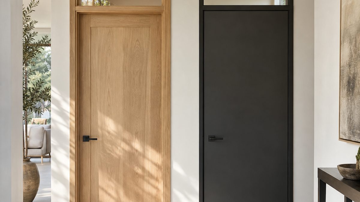 Comparaison impostes vitrées bois et aluminium Deux portes intérieures avec impostes vitrées, l'une en châssis bois, l'autre en aluminium à montants fins