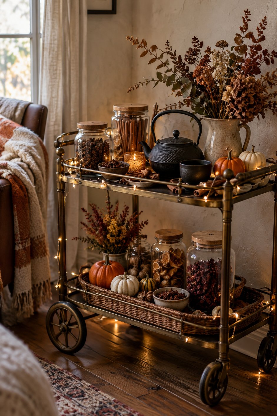 Desserte roulante aménagée en bar à épices d'automne