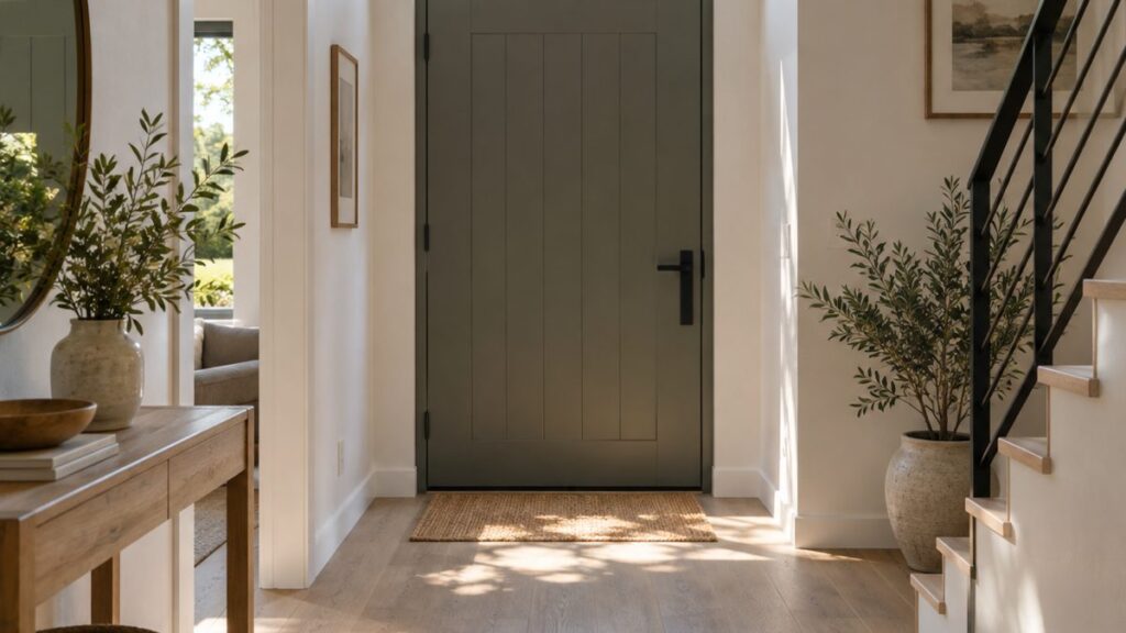 Entrée maison porte avec imposte vitrée lumineuse Entrée de maison avec porte moderne surmontée d'une imposte vitrée qui laisse entrer la lumière naturelle