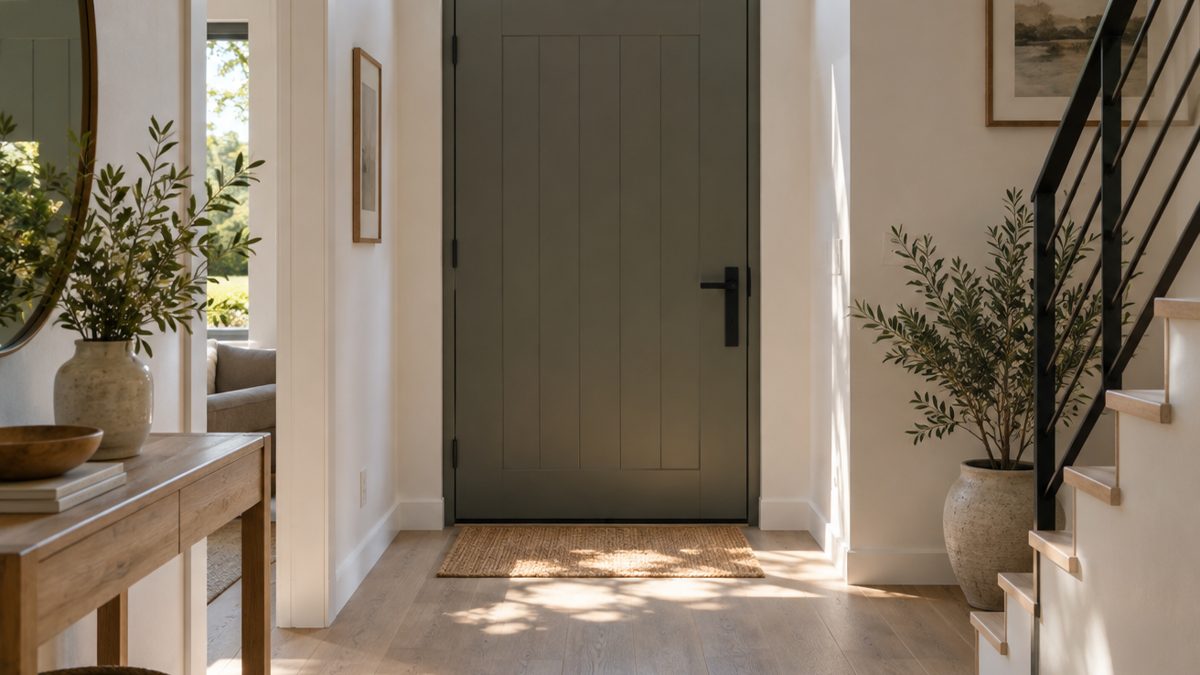 Entrée de maison avec porte moderne surmontée d'une imposte vitrée qui laisse entrer la lumière naturelle
