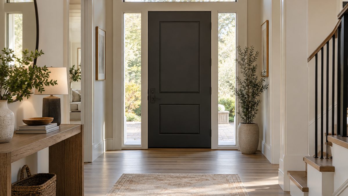 Entrée rénovée avec imposte vitrée assortie à la porte Entrée de maison rénovée avec porte et imposte vitrée assortie, ambiance chaleureuse