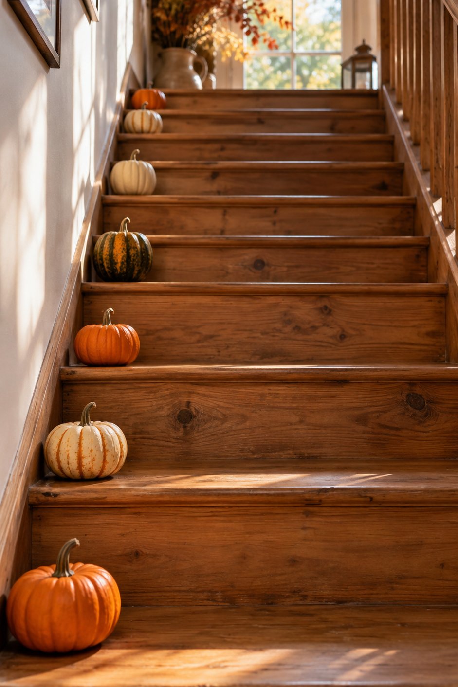 Escalier en bois décoré d'une petite courge sur chaque marche