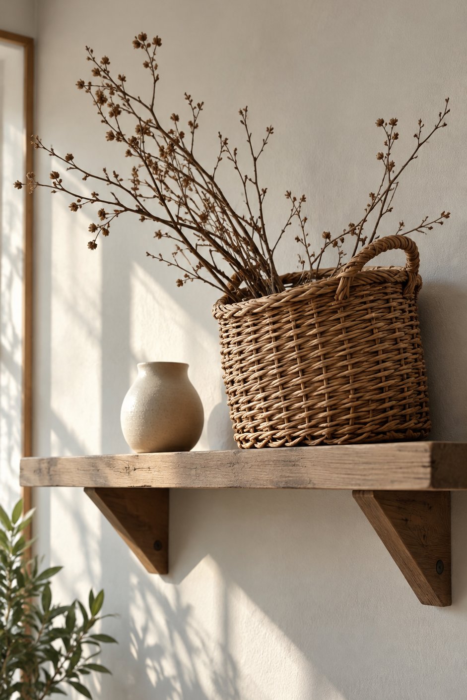 Étagère murale avec panier en osier et branches séchées