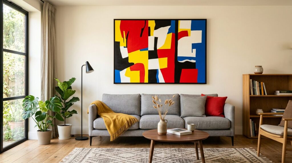Tableau pop art colore accroche au-dessus d'un canape gris dans un salon moderne