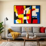 Tableau pop art colore accroche au-dessus d'un canape gris dans un salon moderne