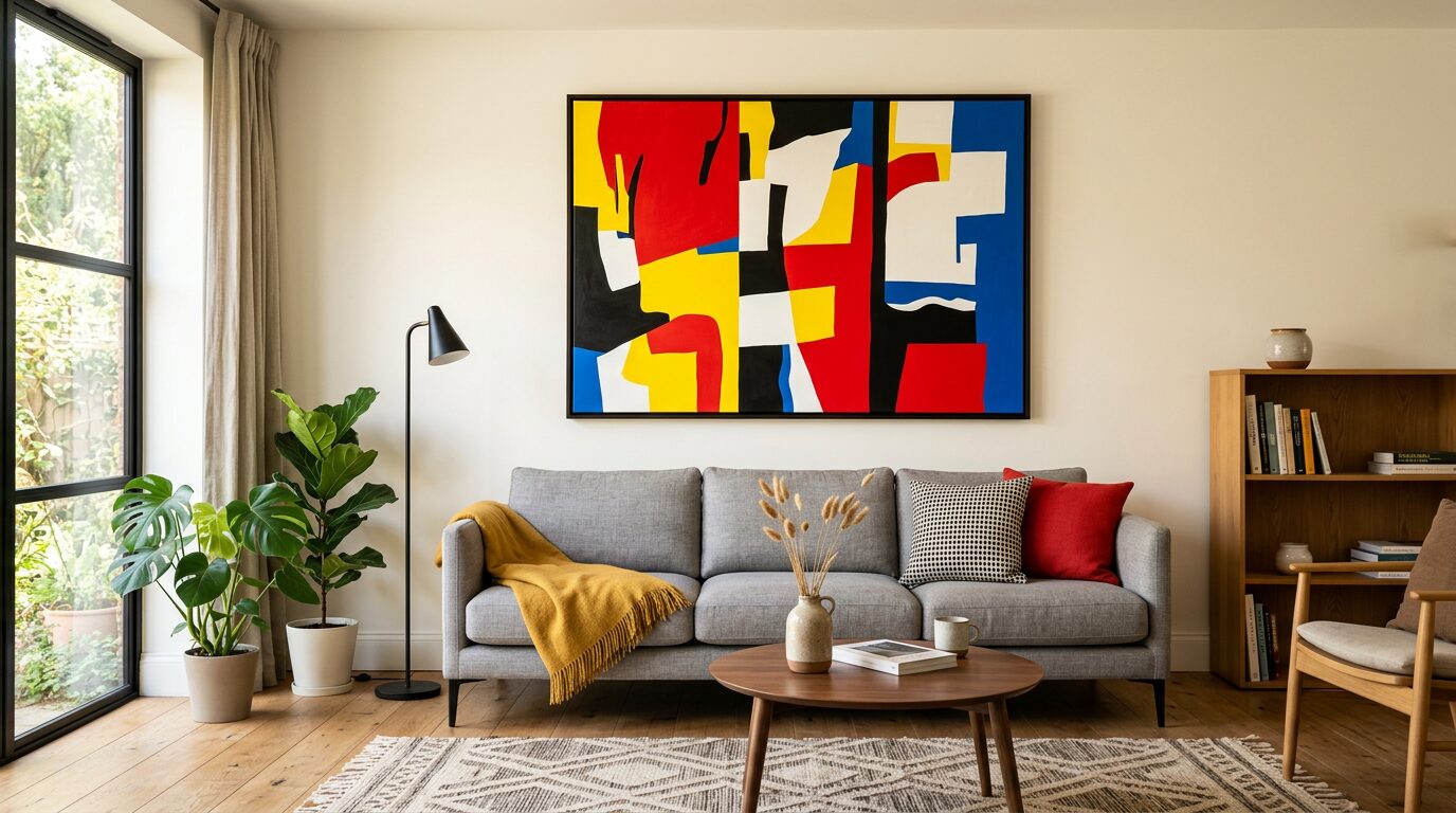Tableau pop art colore accroche au-dessus d'un canape gris dans un salon moderne
