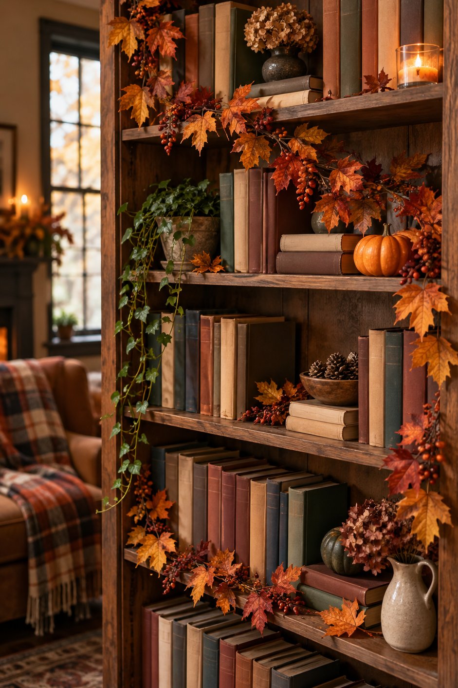 Guirlande de feuilles d'automne drapée sur des étagères de bibliothèque