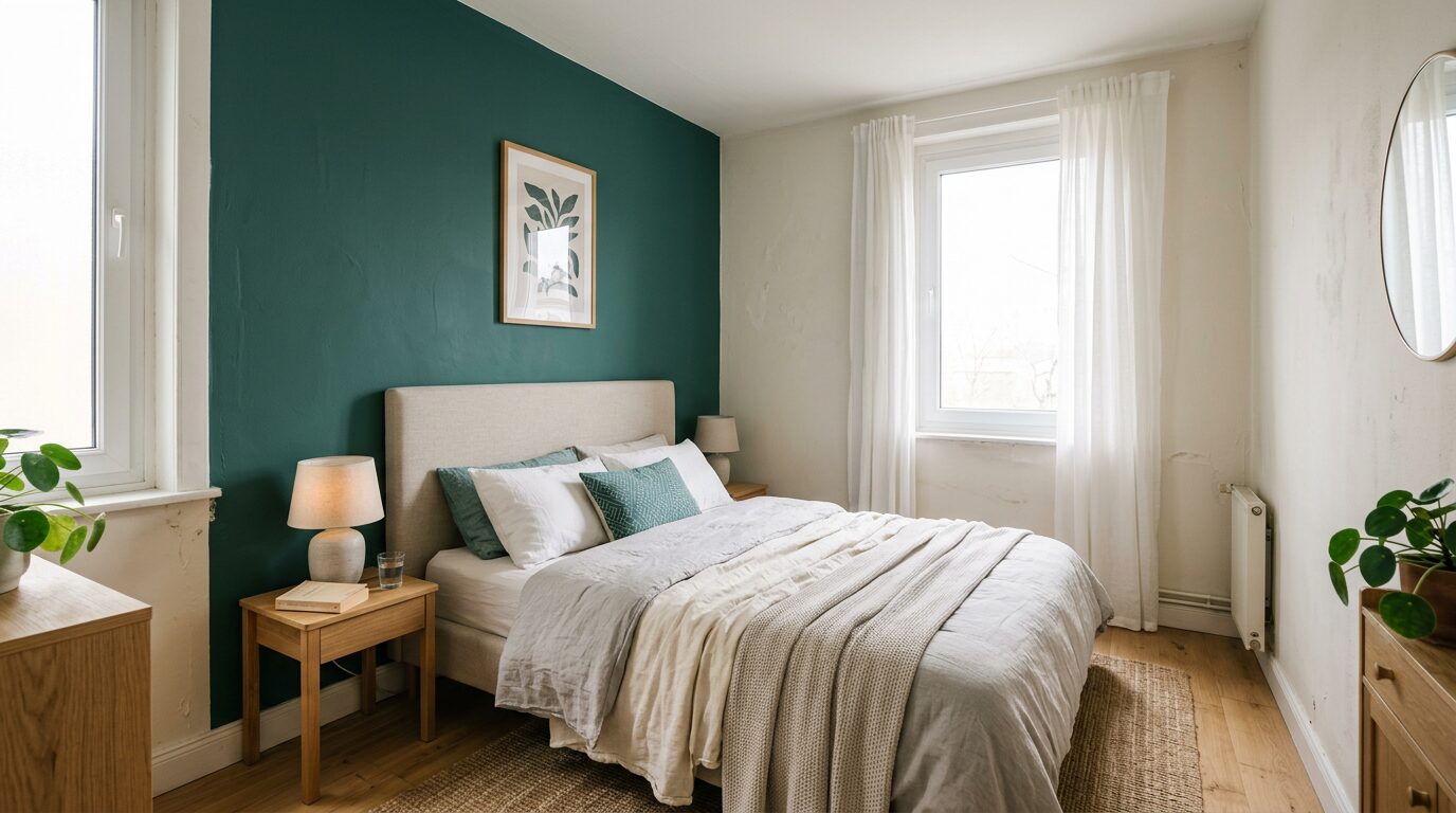 Chambre nord avec un seul mur vert canard derrière la tête de lit