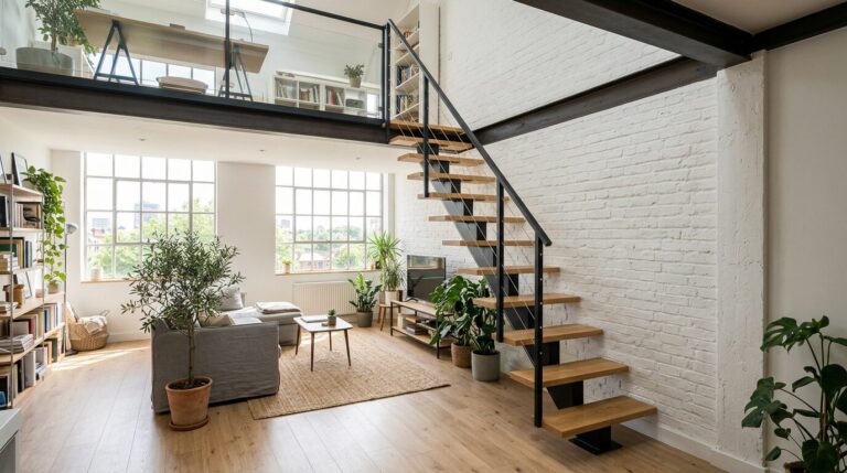Escalier à pas japonais dans un loft moderne Escalier à pas japonais en bois clair et métal noir menant à une mezzanine dans un loft lumineux