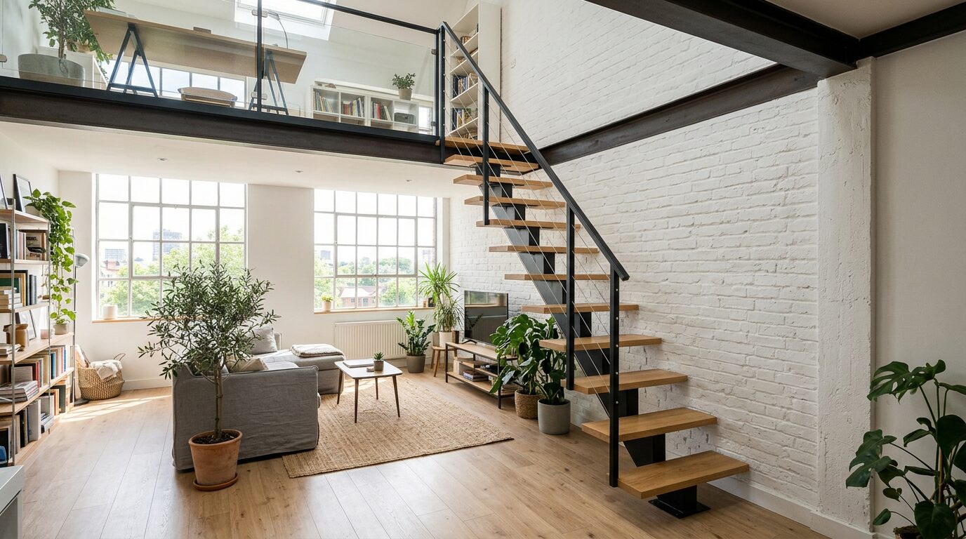 Escalier à pas japonais en bois clair et métal noir menant à une mezzanine dans un loft lumineux