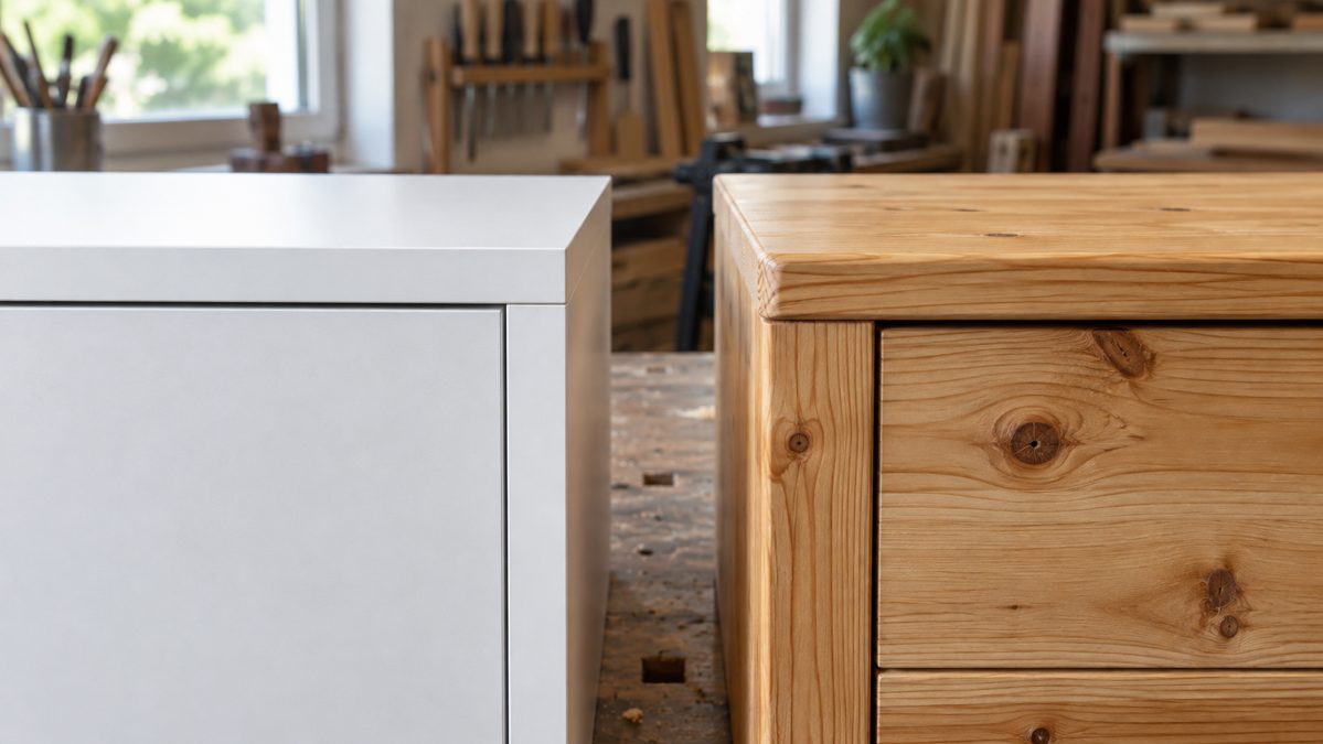 Comparaison entre un panneau mélaminé blanc et une pièce de bois massif clair