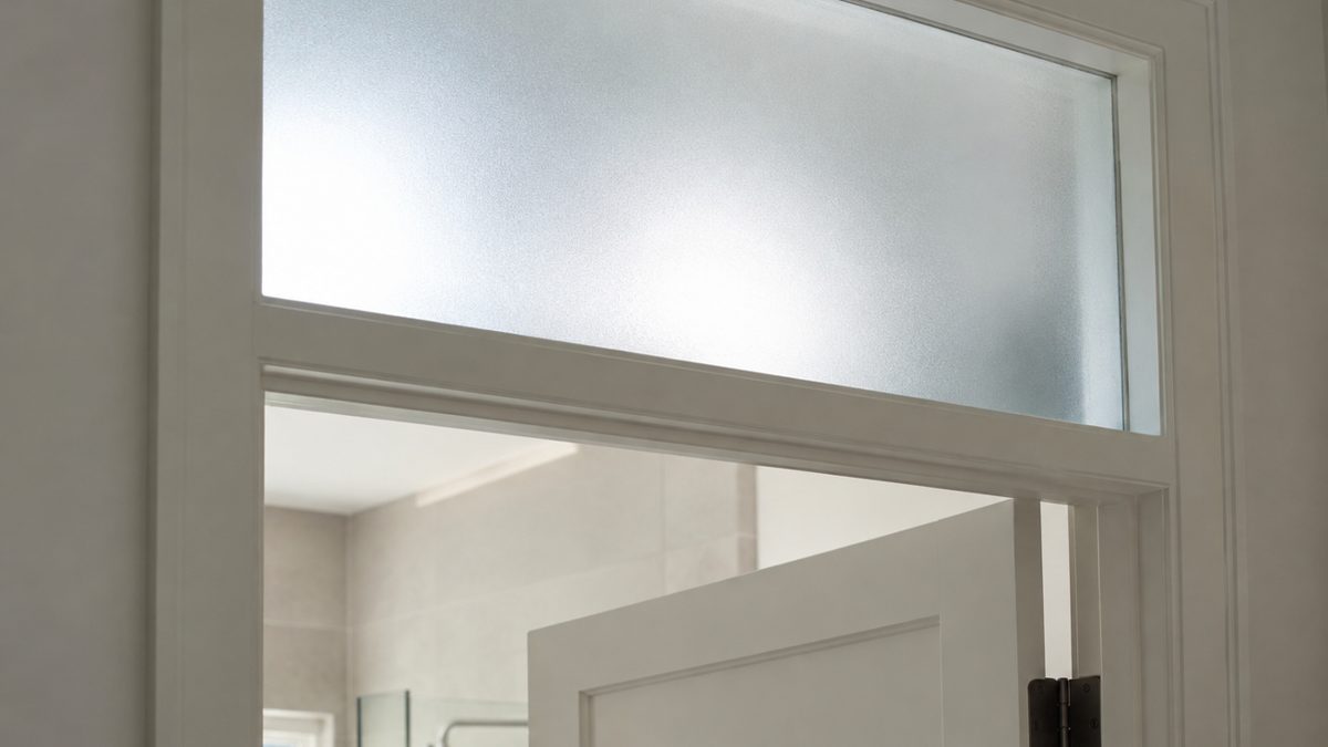 Imposte vitrée en verre dépoli au-dessus d'une porte Imposte vitrée en verre dépoli placée au-dessus d'une porte de salle de bains pour préserver l'intimité