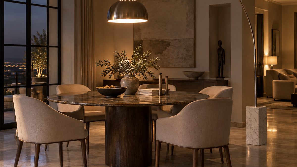 Lampe iconique design italien salle à manger Salle à manger avec un lampadaire au bras arqué et socle en marbre au-dessus de la table