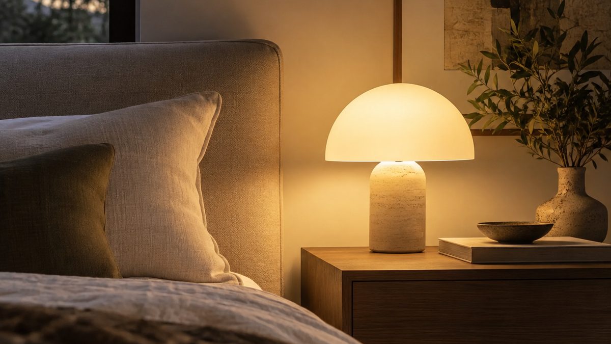 Critères techniques d'un luminaire design italien Lampe de chevet en dôme au style design italien sur une table de nuit dans une chambre