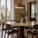 Salon avec un lampadaire design italien au bras arqué et socle en marbre au-dessus d'une table
