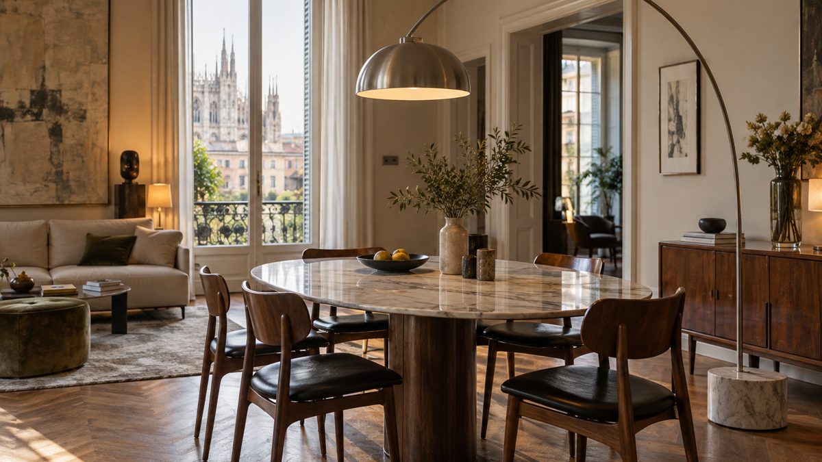 Salon avec un lampadaire design italien au bras arqué et socle en marbre au-dessus d'une table