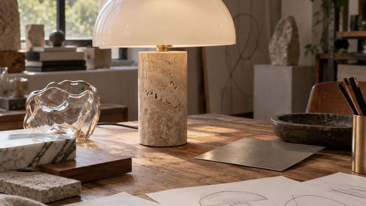 Fabrication authentique d'un luminaire italien Lampe design italienne posée sur un établi d'atelier avec échantillons de marbre et de verre