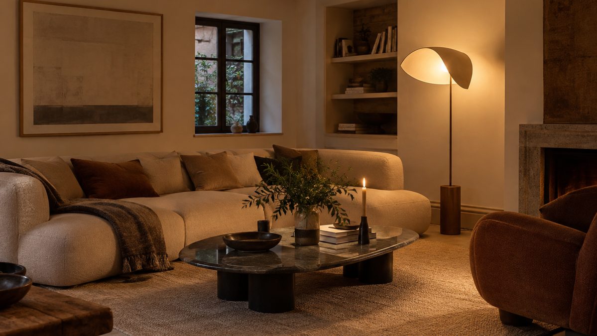 Choisir un luminaire design italien selon la pièce Salon au plafond bas avec un lampadaire compact au style design italien