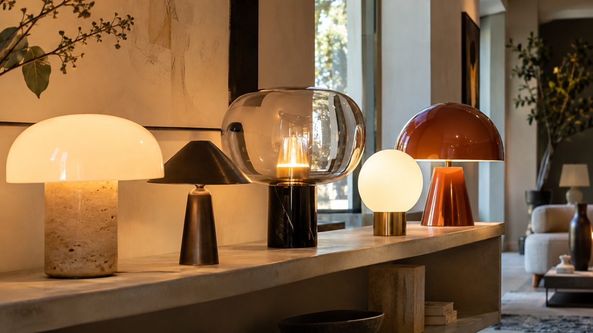 Marques de luminaires design italien en showroom Étagère de showroom présentant plusieurs lampes design italiennes de formes et matières différentes
