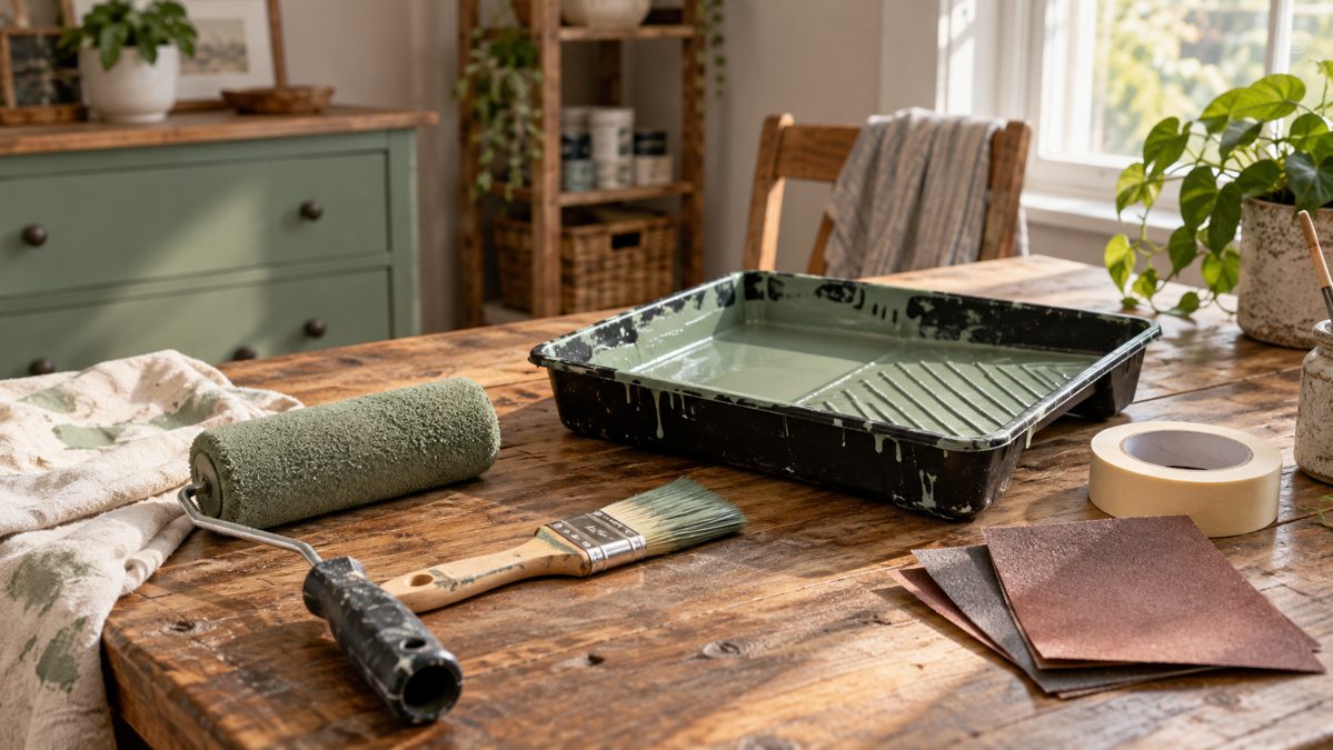 Rouleau, pinceau, ruban de masquage et pot de peinture posés sur une table