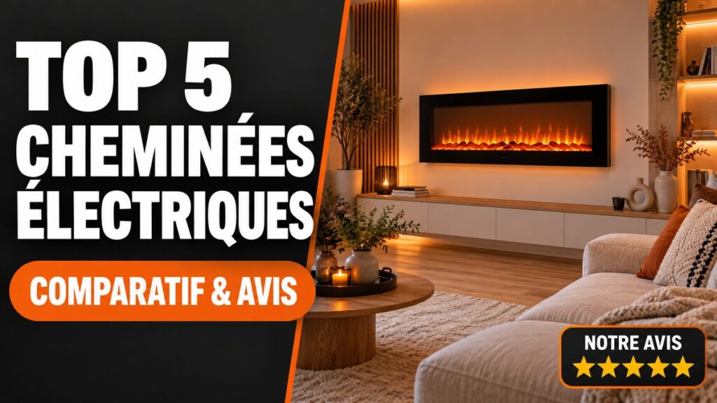 Top 5 cheminées électriques : comparatif & avis Top 5 des meilleures cheminées électriques : comparatif et avis, cheminée murale aux flammes LED dans un salon chaleureux