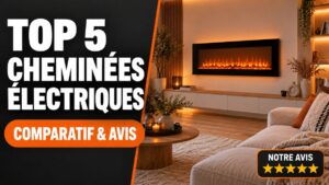 Top 5 des meilleures cheminées électriques : comparatif et avis, cheminée murale aux flammes LED dans un salon chaleureux