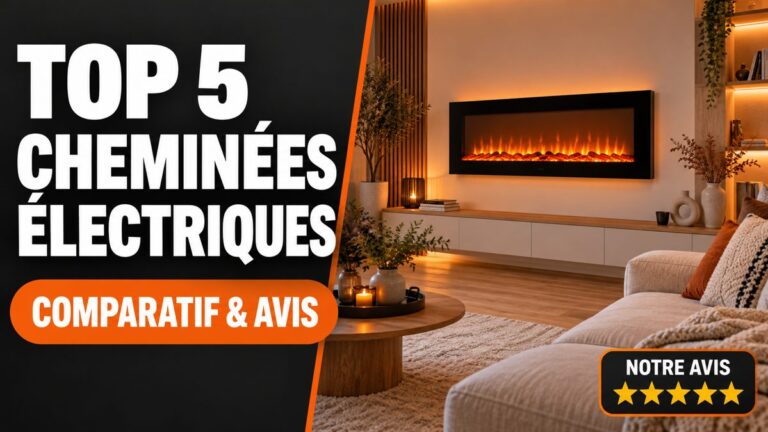Top 5 des meilleures cheminées électriques : comparatif et avis, cheminée murale aux flammes LED dans un salon chaleureux