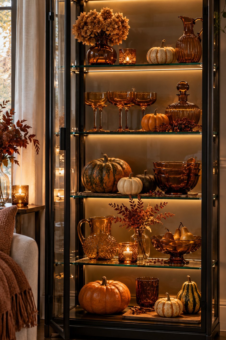 Meuble vitrine noir éclairé transformé en cabinet d'automne