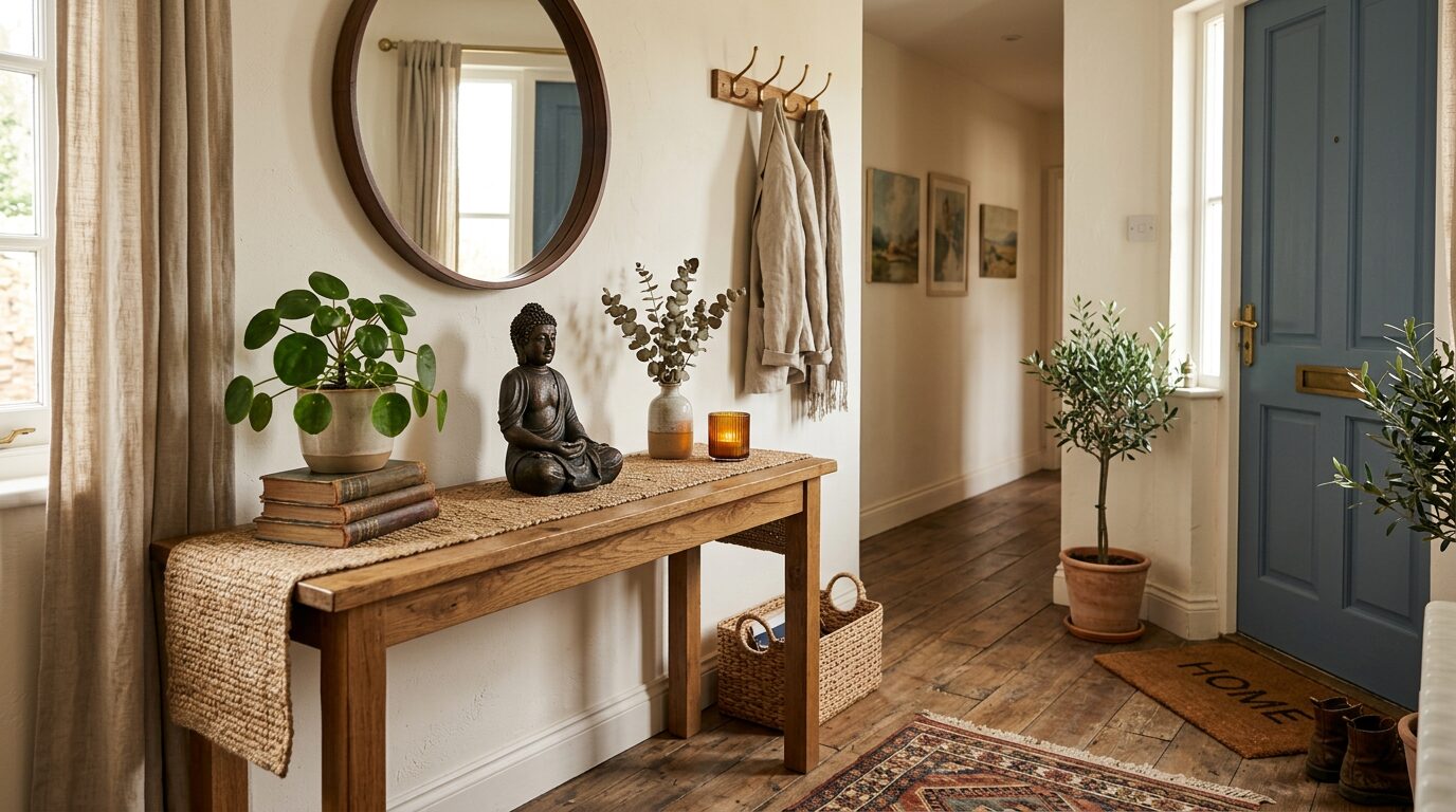 Statue de bouddha posee sur une console dans une entree de maison lumineuse