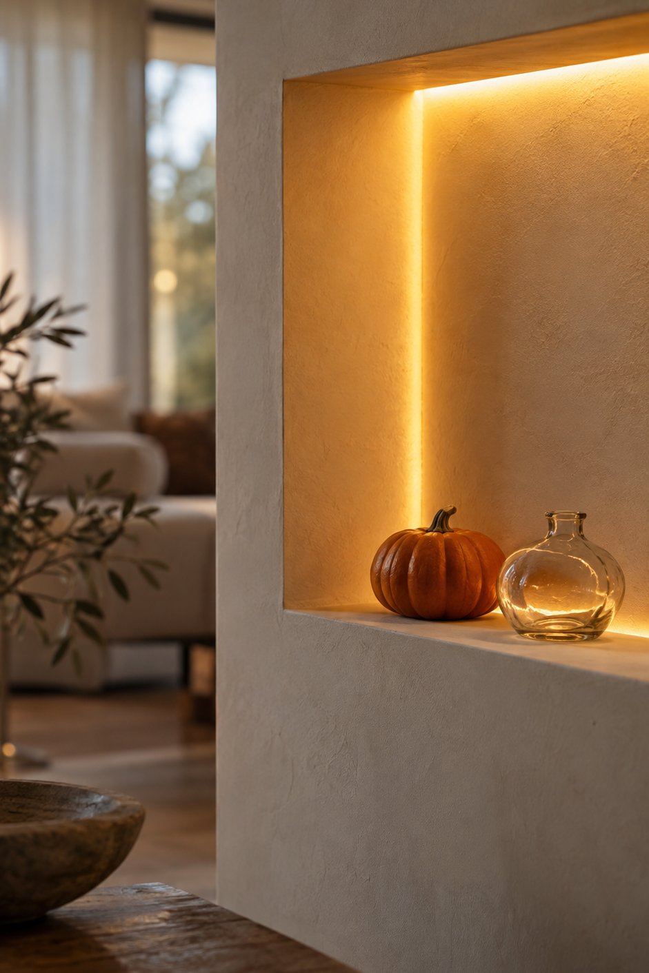 Niche murale éclairée d'un ruban LED chaud avec une courge miniature