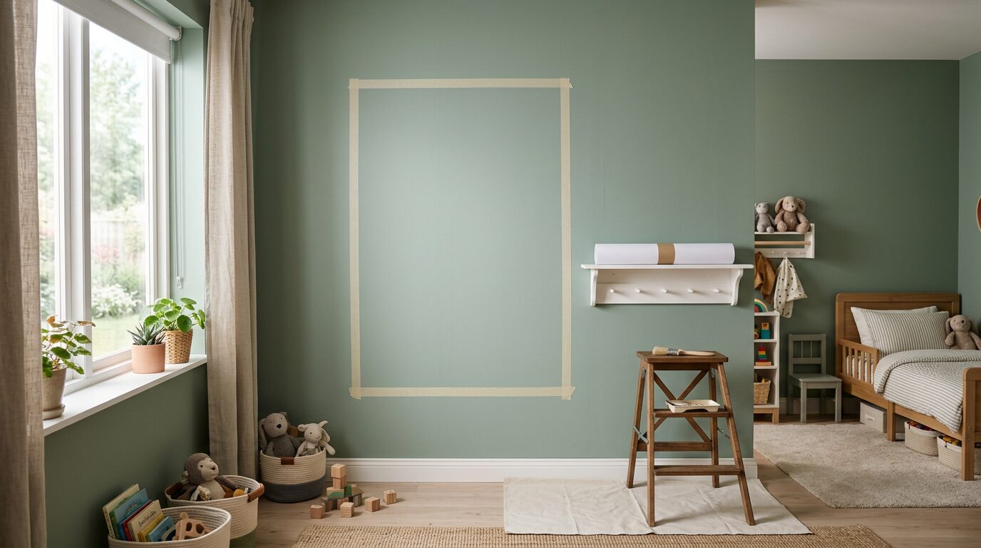 Préparation du mur avant pose sticker Mur d'une chambre d'enfant préparé avec du ruban de repérage avant la pose d'un sticker