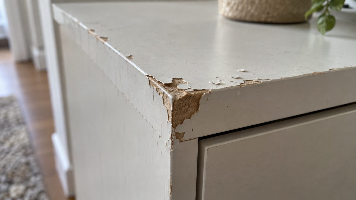 Peinture qui s'écaille en petits éclats sur un panneau mélaminé blanc