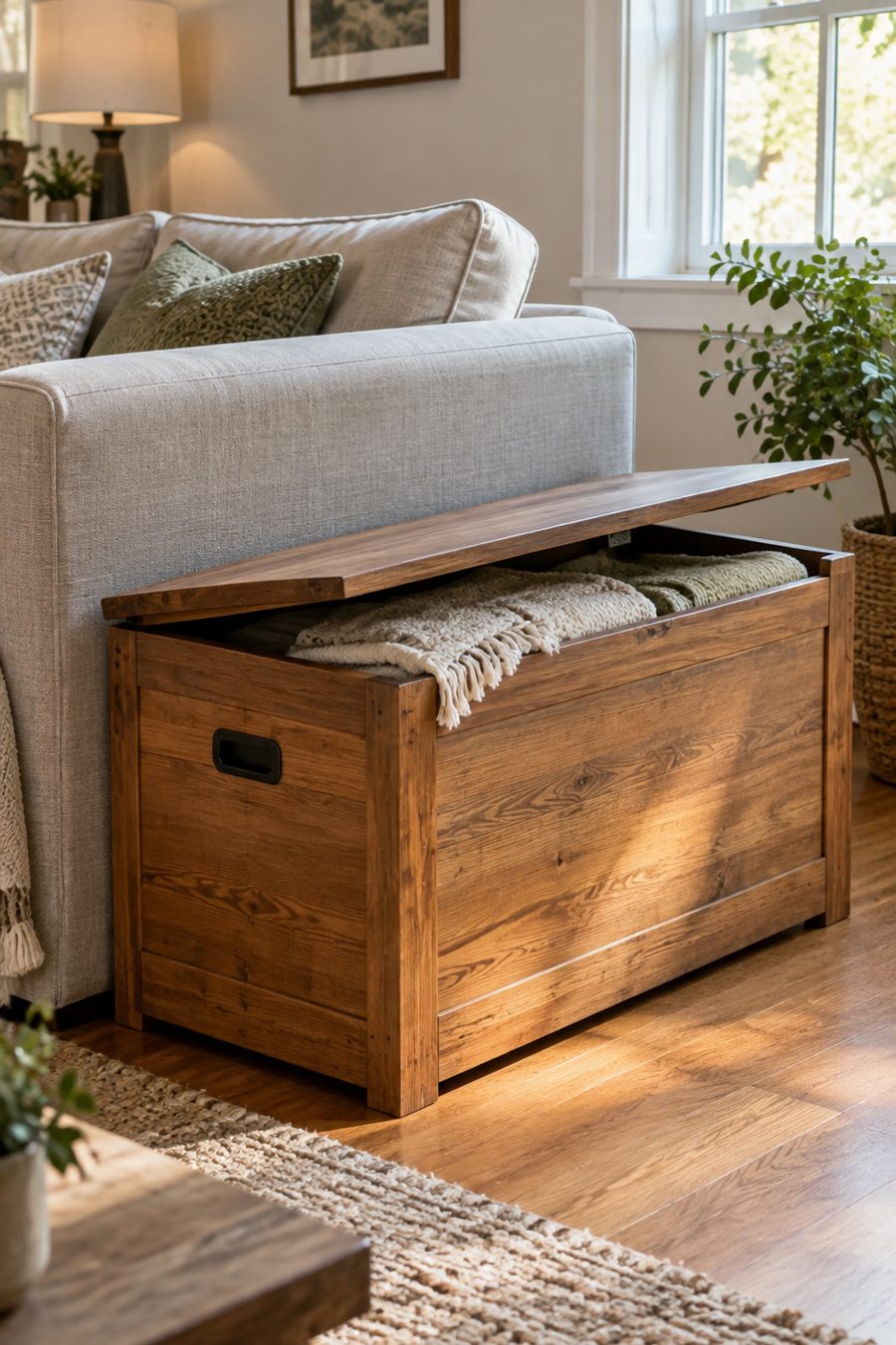 Banc coffre en bois posé au bout d'un canapé pour ranger des plaids