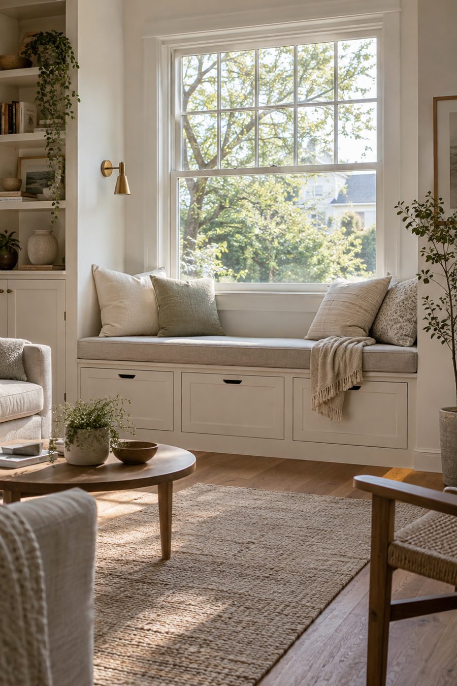 Banquette de rangement installée sous une fenêtre de salon