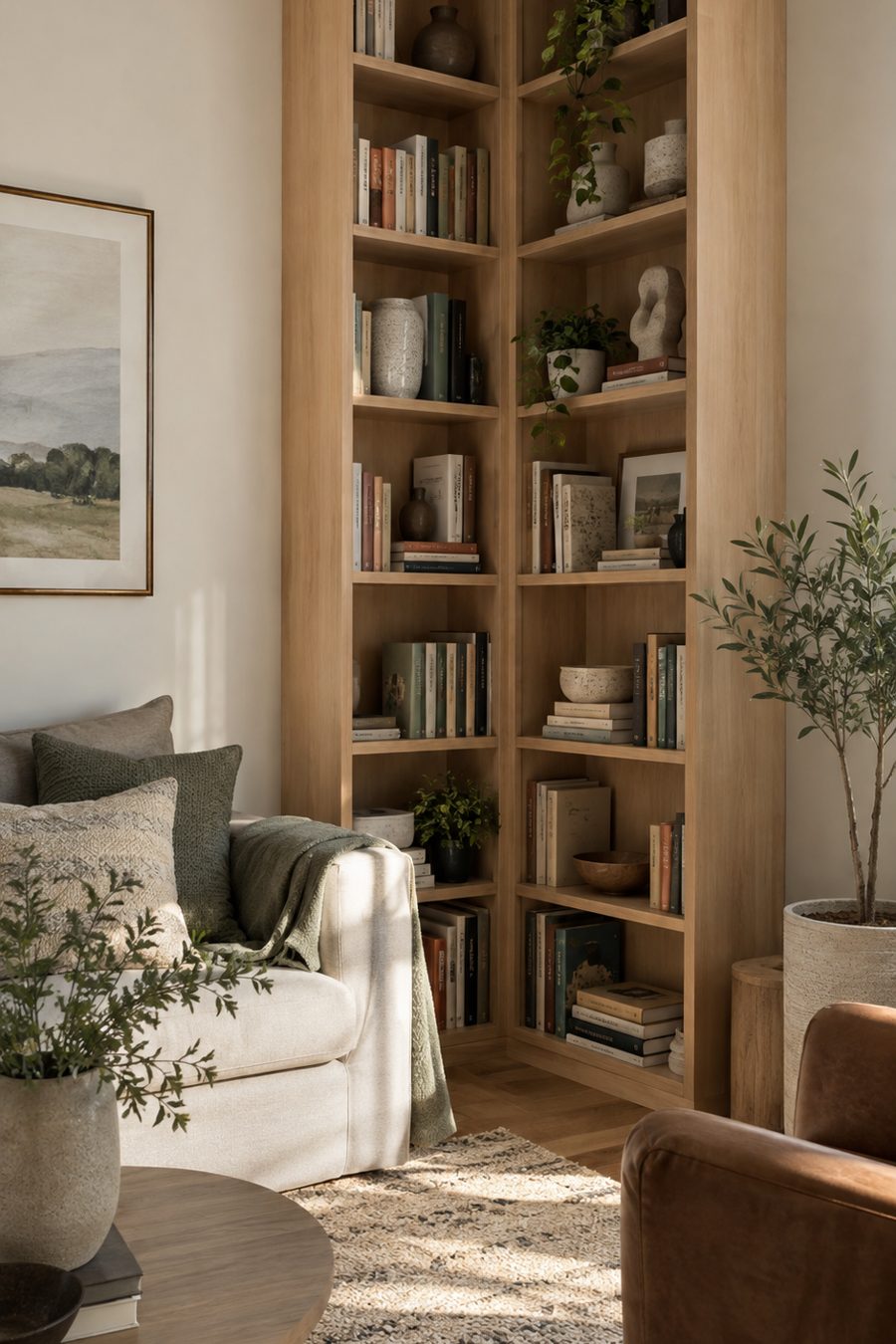 Bibliothèque en bois clair installée du sol au plafond dans un angle de salon