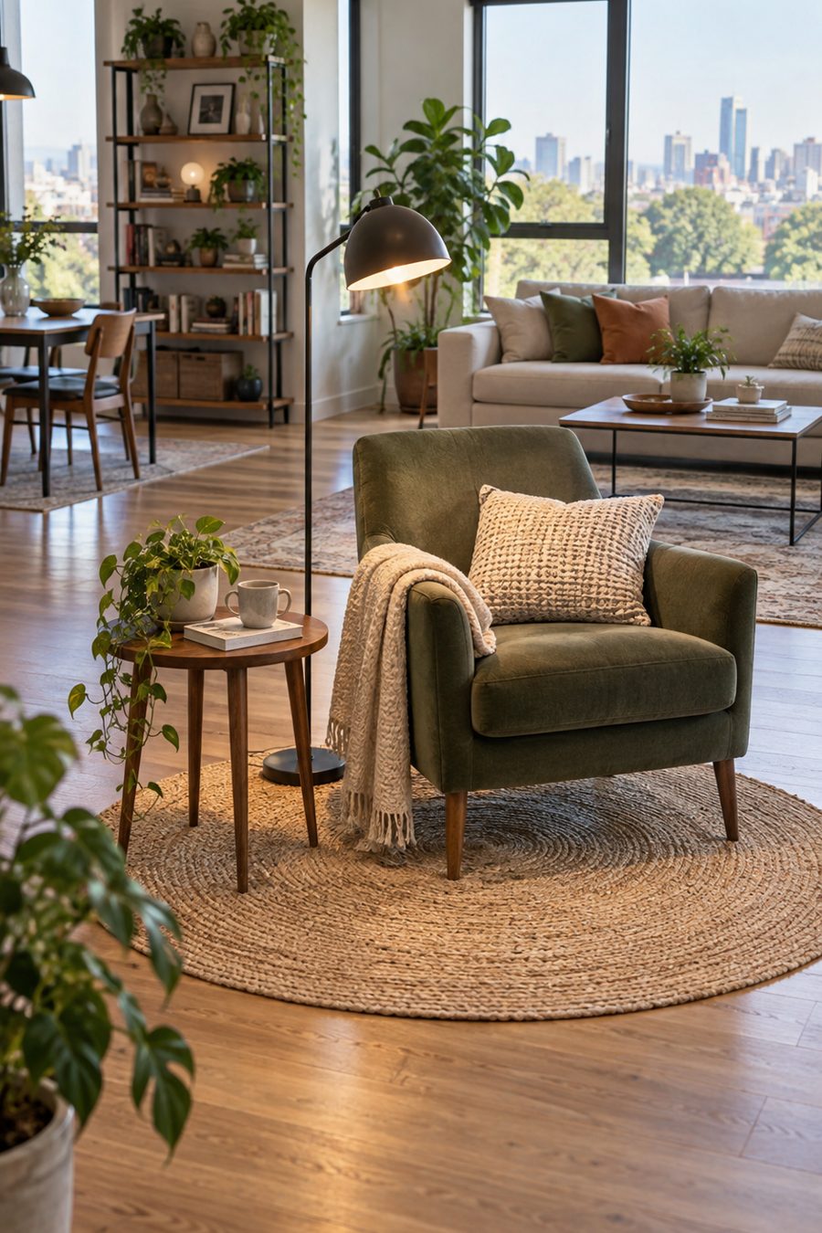Coin lecture délimité par un tapis rond avec fauteuil et lampadaire