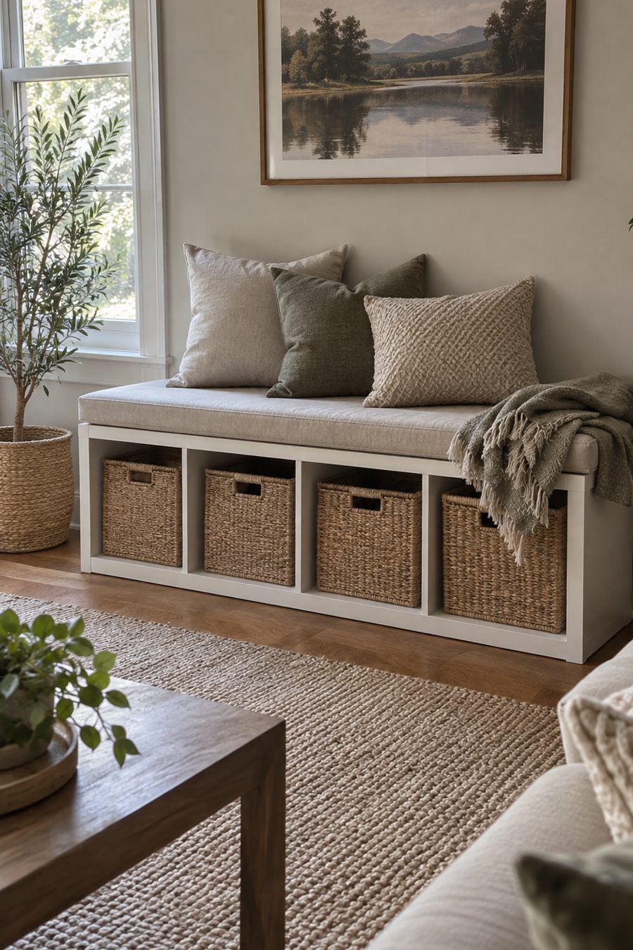 Étagère basse transformée en banquette avec coussin et paniers de rangement