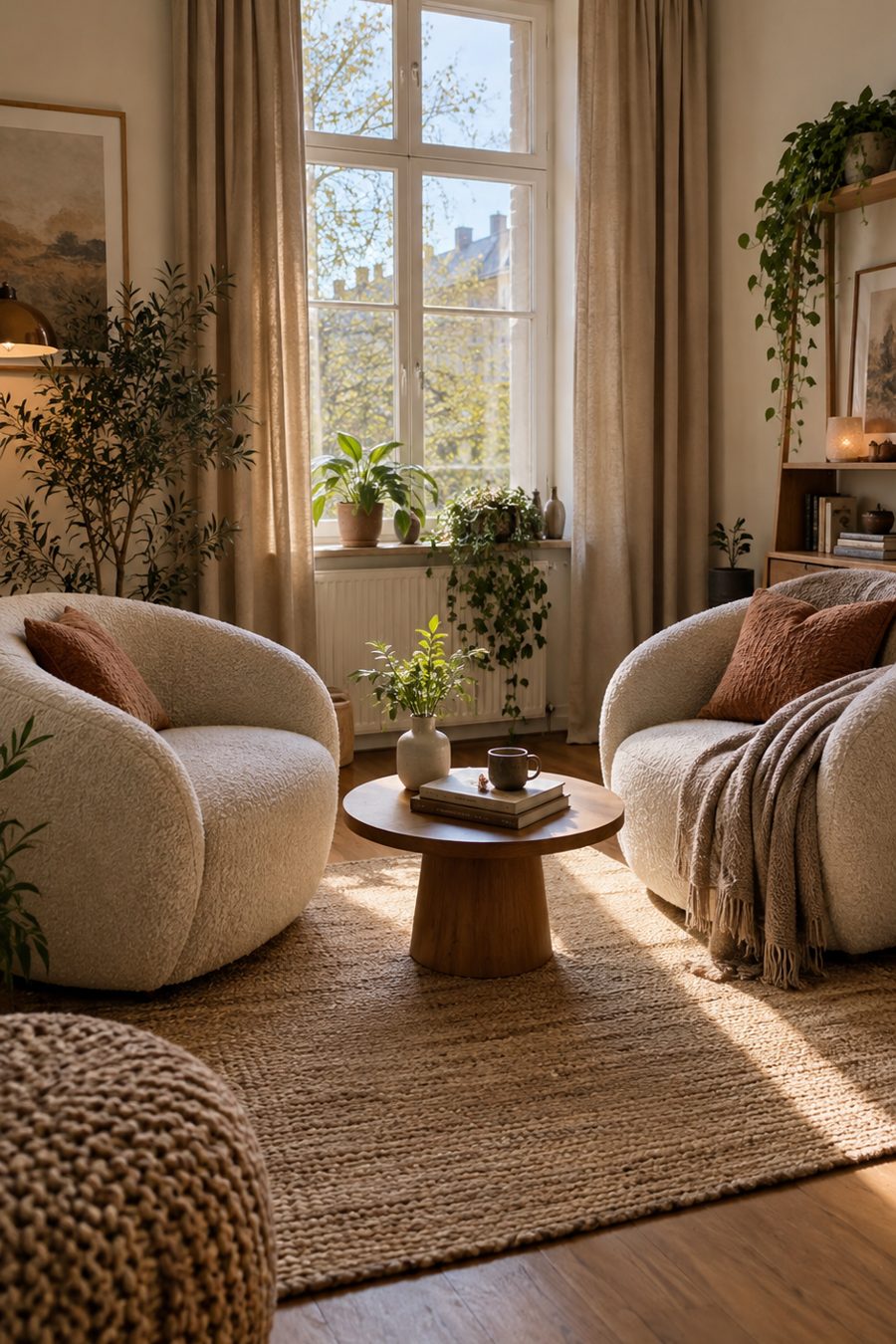 Deux fauteuils cocon face à face dans un petit salon chaleureux