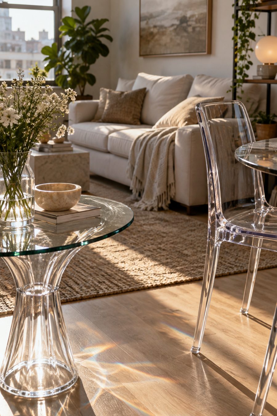 Table et chaise en verre transparent dans un petit salon lumineux