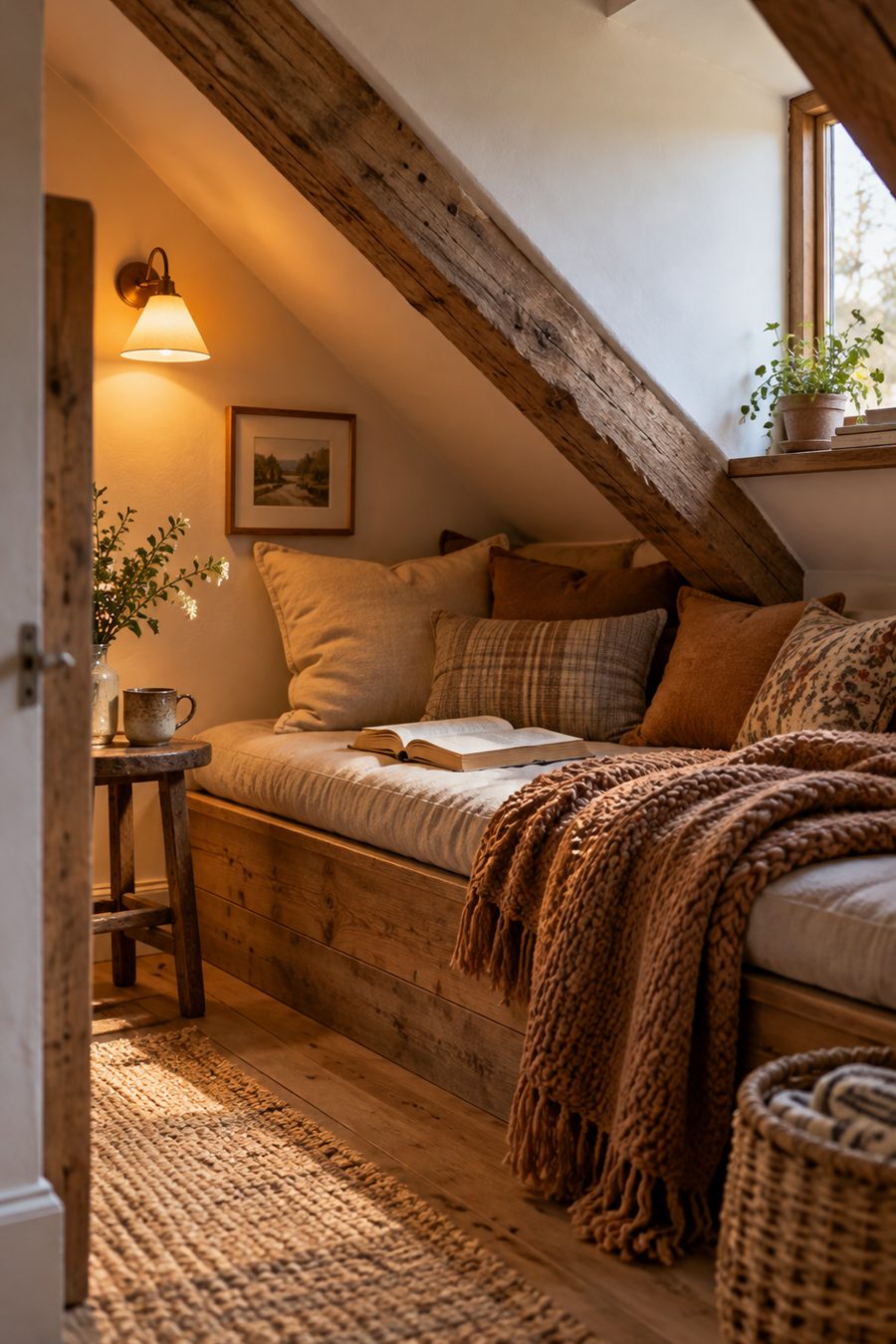 Coin salon cosy aménagé sous une pente de toit en combles