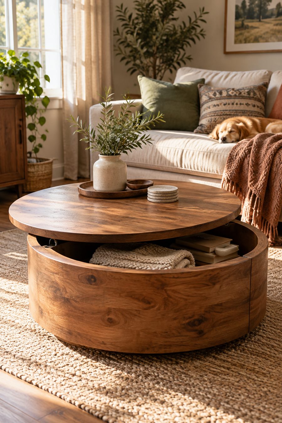 Table basse ronde en bois avec rangement caché dans un petit salon