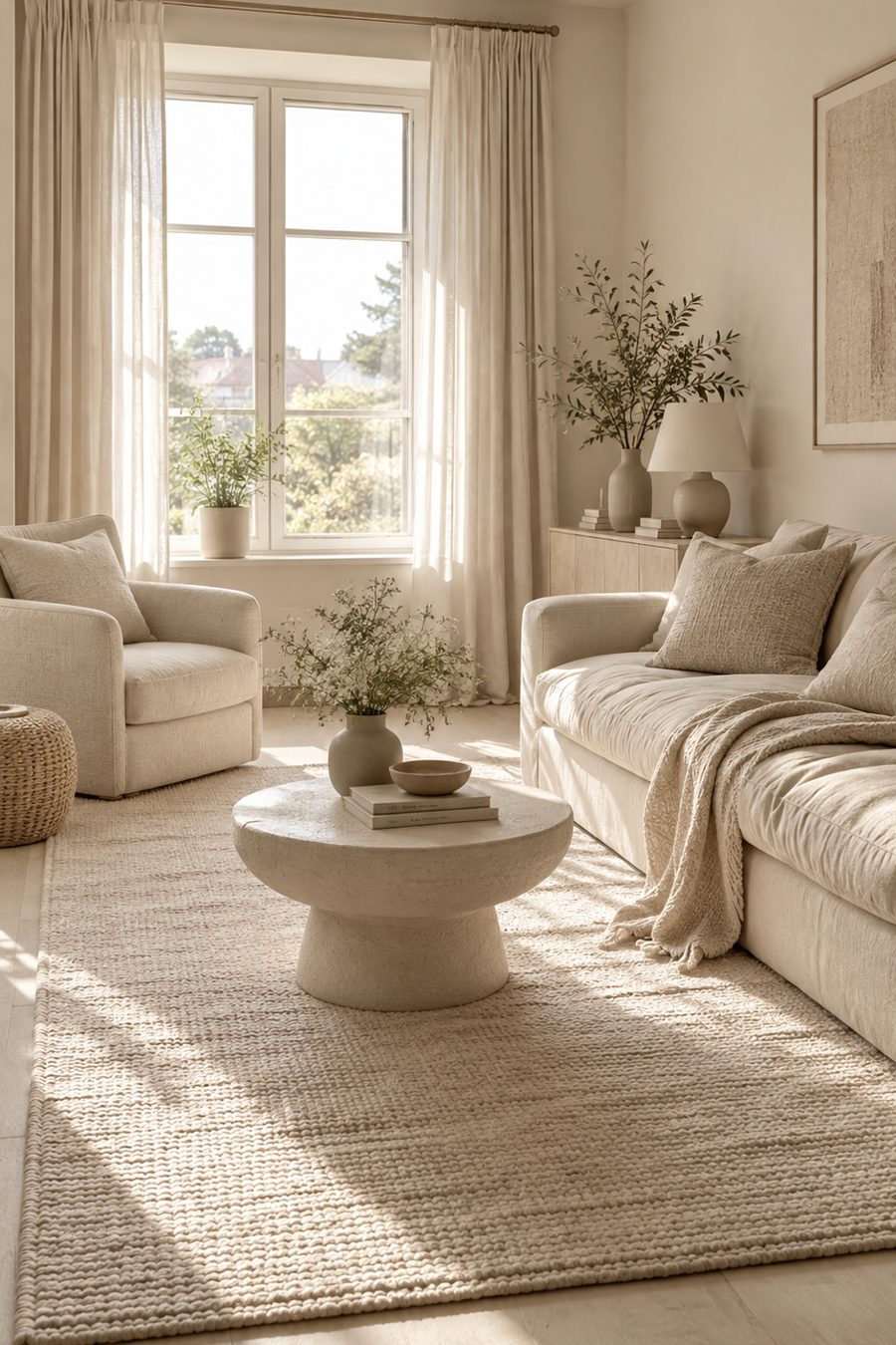 Petit salon entièrement décoré dans des tons beige et blanc cassé