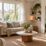 Petit salon lumineux aménagé avec des meubles compacts et des rangements astucieux